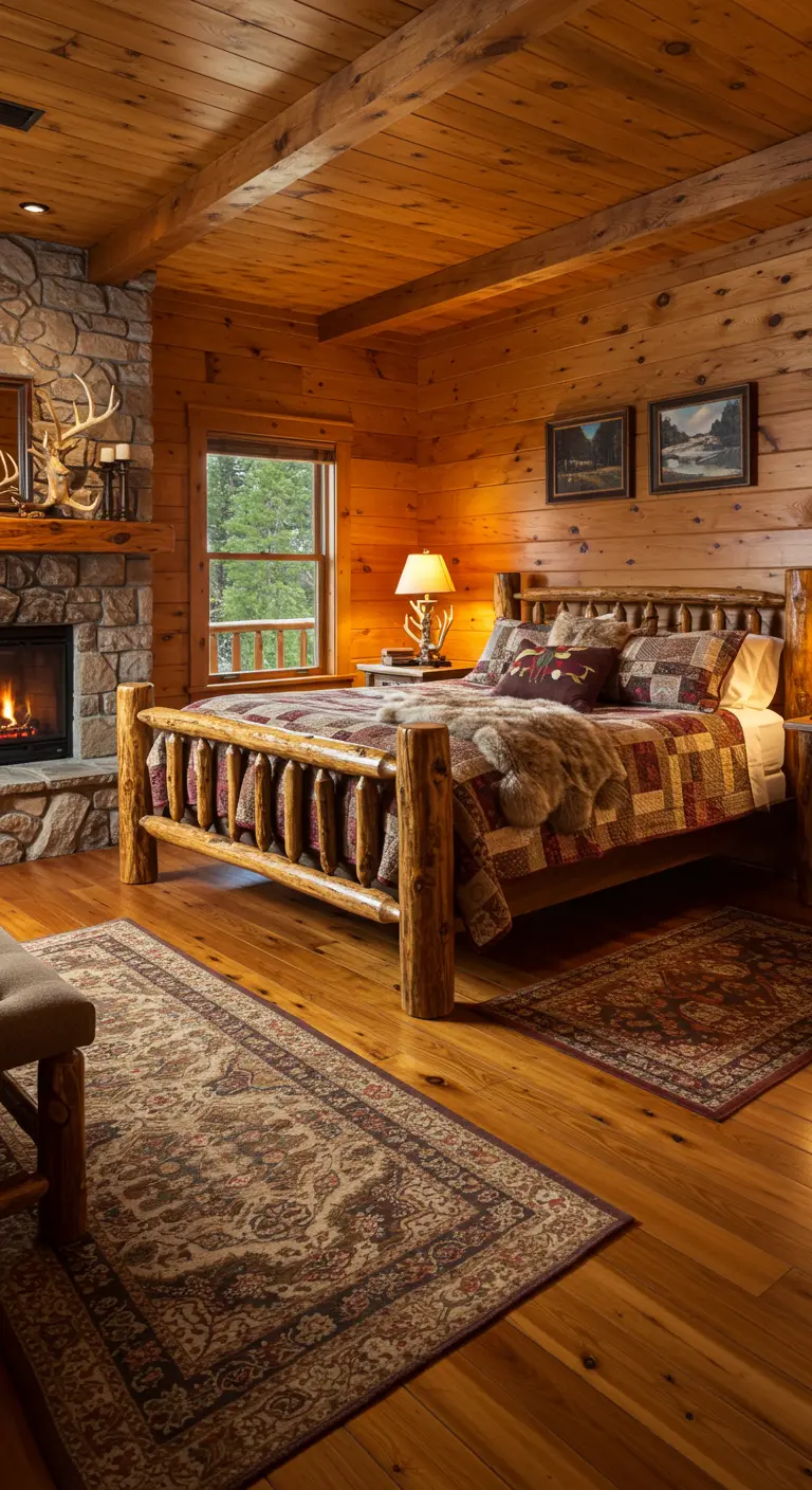 Dormitorio rústico tipo cabaña con paredes de madera, chimenea de piedra y cama de troncos
