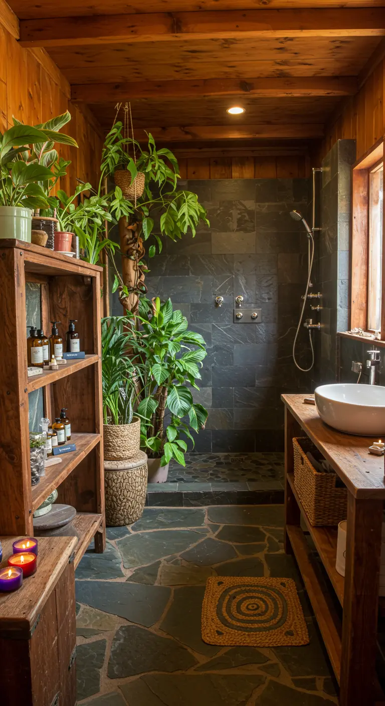 Baño rústico con paredes de madera, ducha de pizarra y muchas plantas.