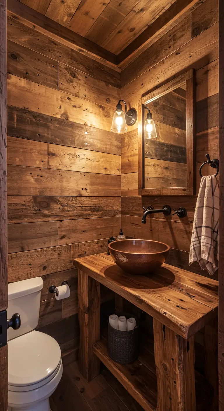 Baño rústico con paredes de madera recuperada y un lavabo de cobre sobre mueble de madera