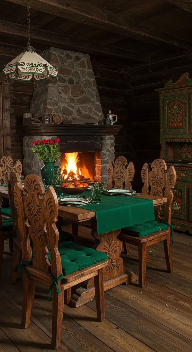 Comedor rústico en una cabaña de madera con chimenea de piedra y detalles en verde esmeralda.