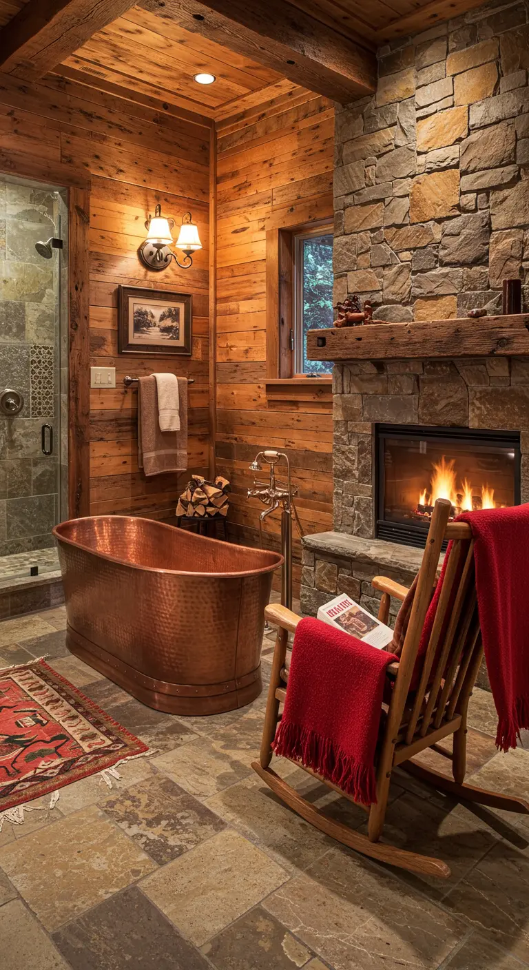 Baño rústico con paredes de madera, chimenea de piedra, bañera de cobre y mecedora.