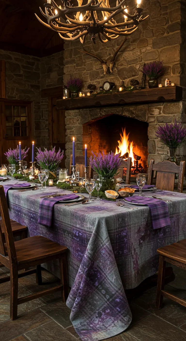 Mantel de tartán en tonos grises y morados en un comedor rústico con chimenea de piedra.