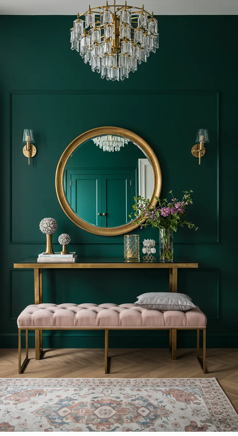 Recibidor lujoso con paredes verde esmeralda, espejo redondo dorado y banco de terciopelo.
