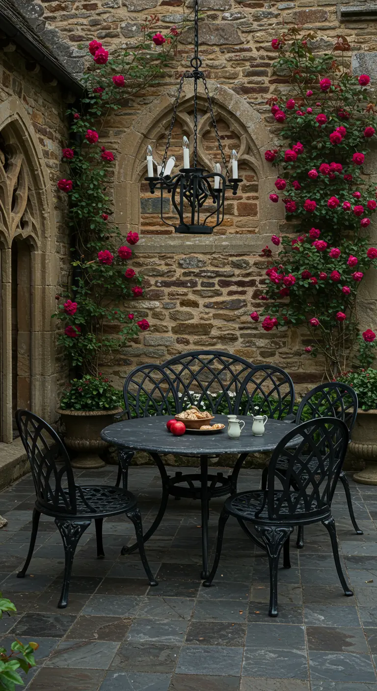 Patio de piedra con muebles de hierro forjado negro y una lámpara de araña de estilo medieval.