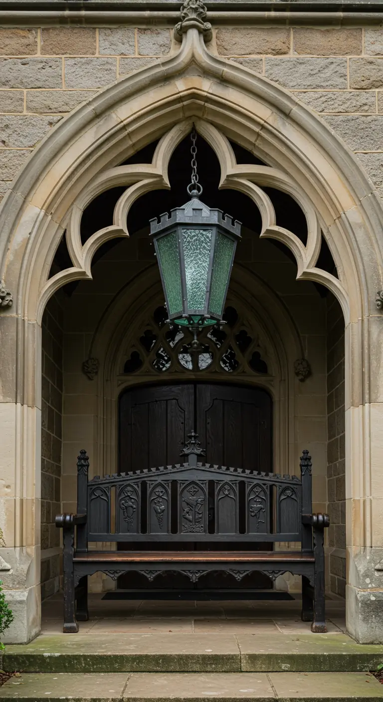 Entrada gótica con un arco de piedra, un banco negro de hierro forjado y un gran farol colgante.