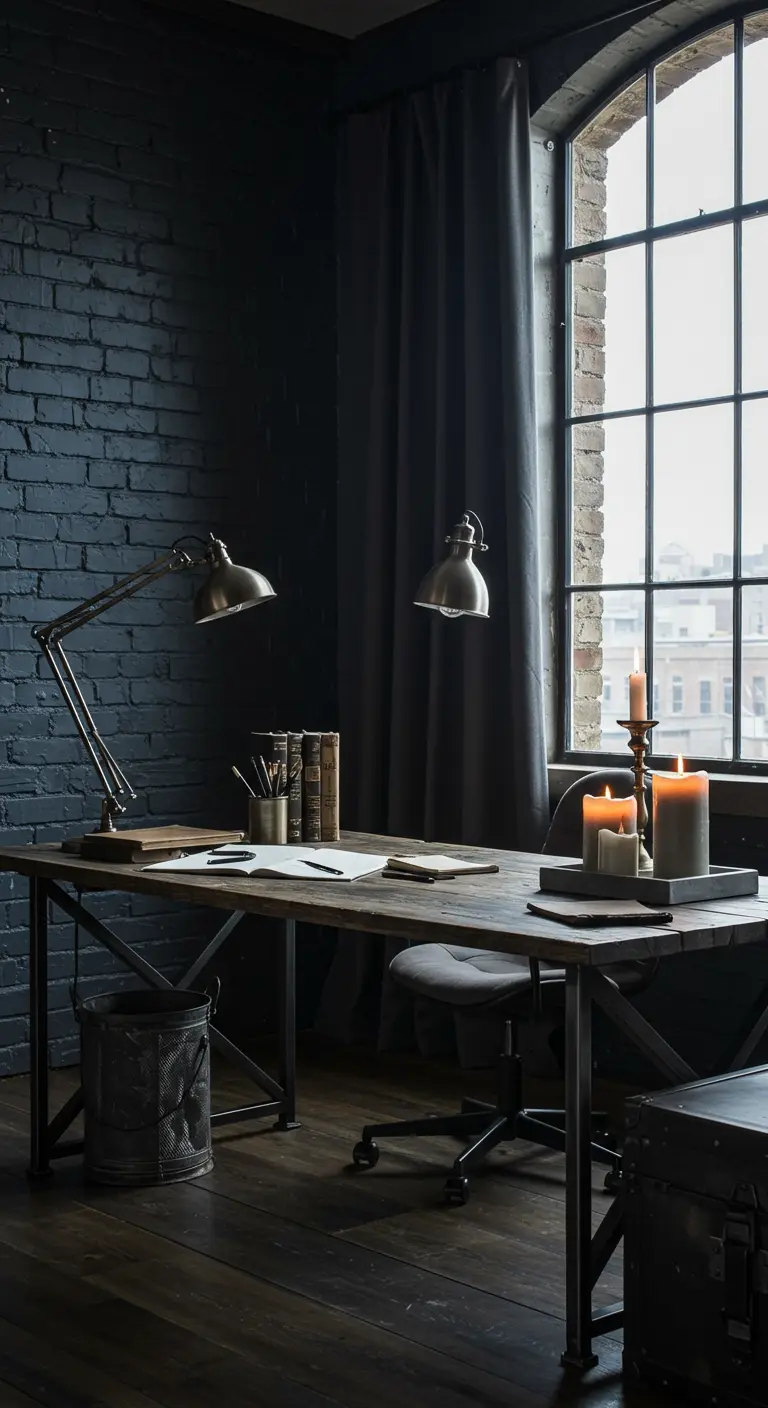 Escritorio industrial frente a una pared de ladrillo oscuro, con velas y lámparas de metal.