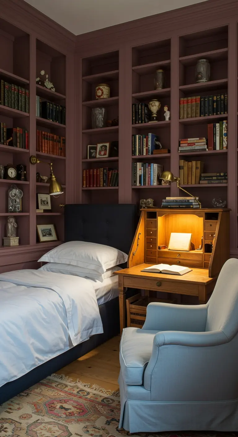 Dormitorio pequeño y acogedor con estanterías y paredes pintadas de color malva oscuro.