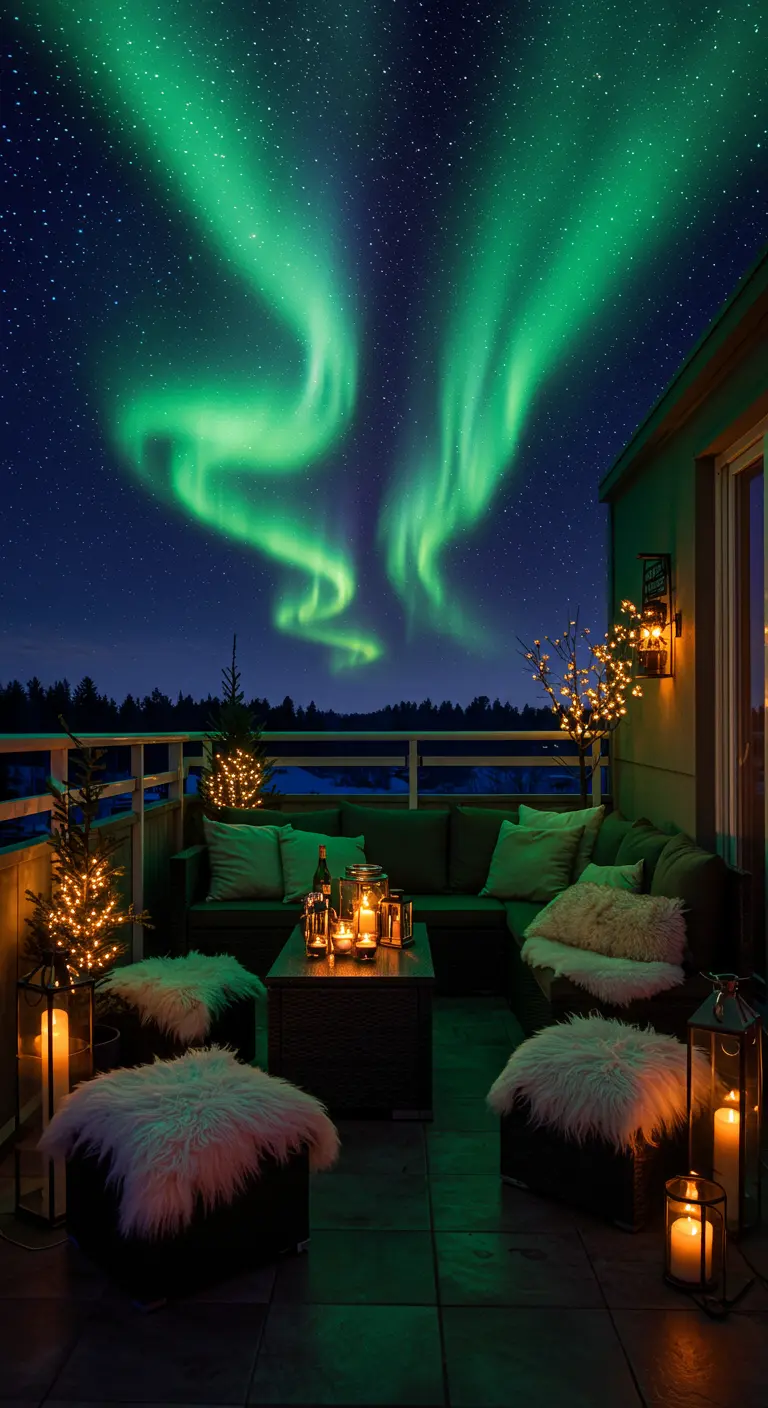 Balcón acogedor con sofás y mantas de pelo, iluminado con luces cálidas y un efecto de aurora boreal en el cielo