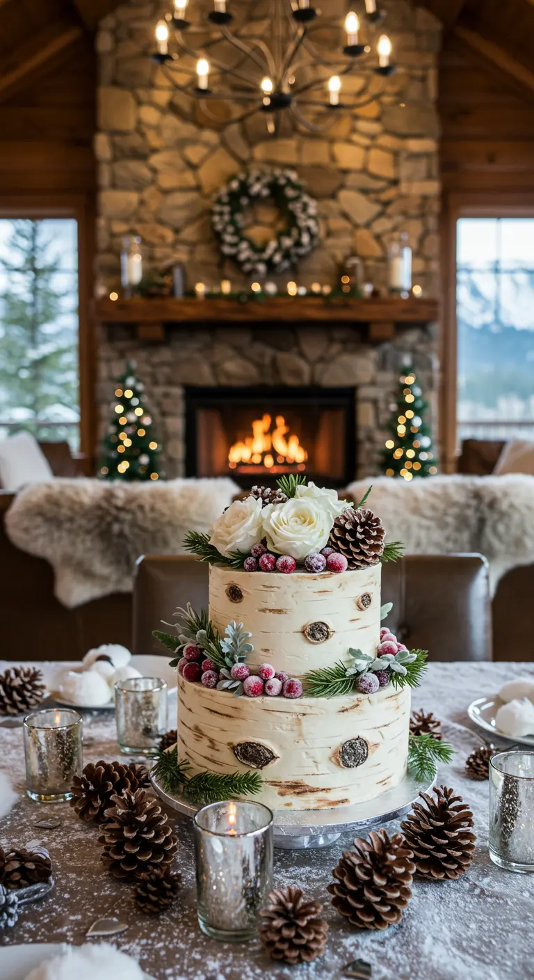 Pastel de abedul con bayas rojas y piñas frente a una chimenea encendida.