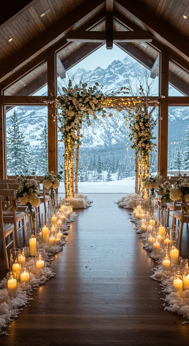 Arco de boda invernal hecho de troncos de abedul con luces cálidas y velas en la nieve.