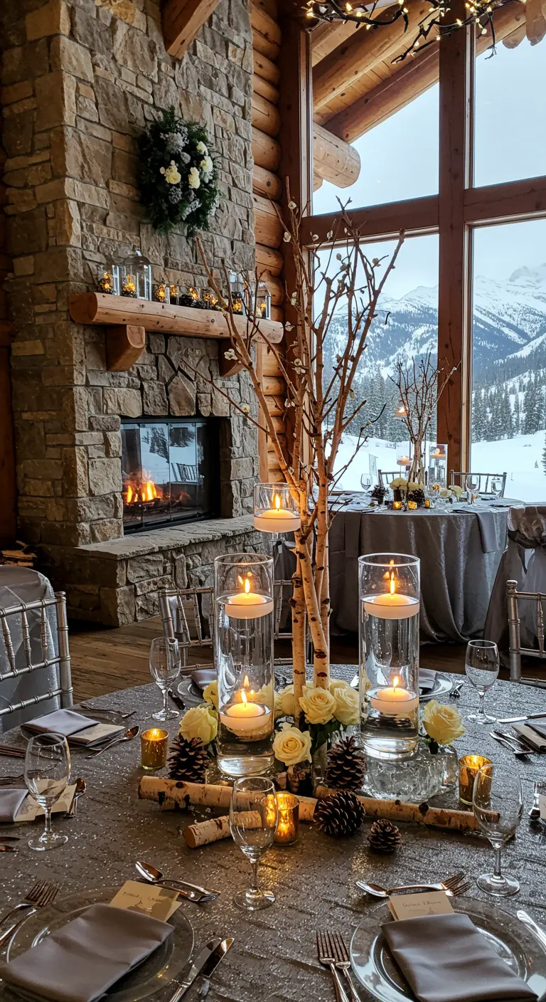Mesa de invierno en una cabaña con chimenea, centro de mesa de abedul y velas.