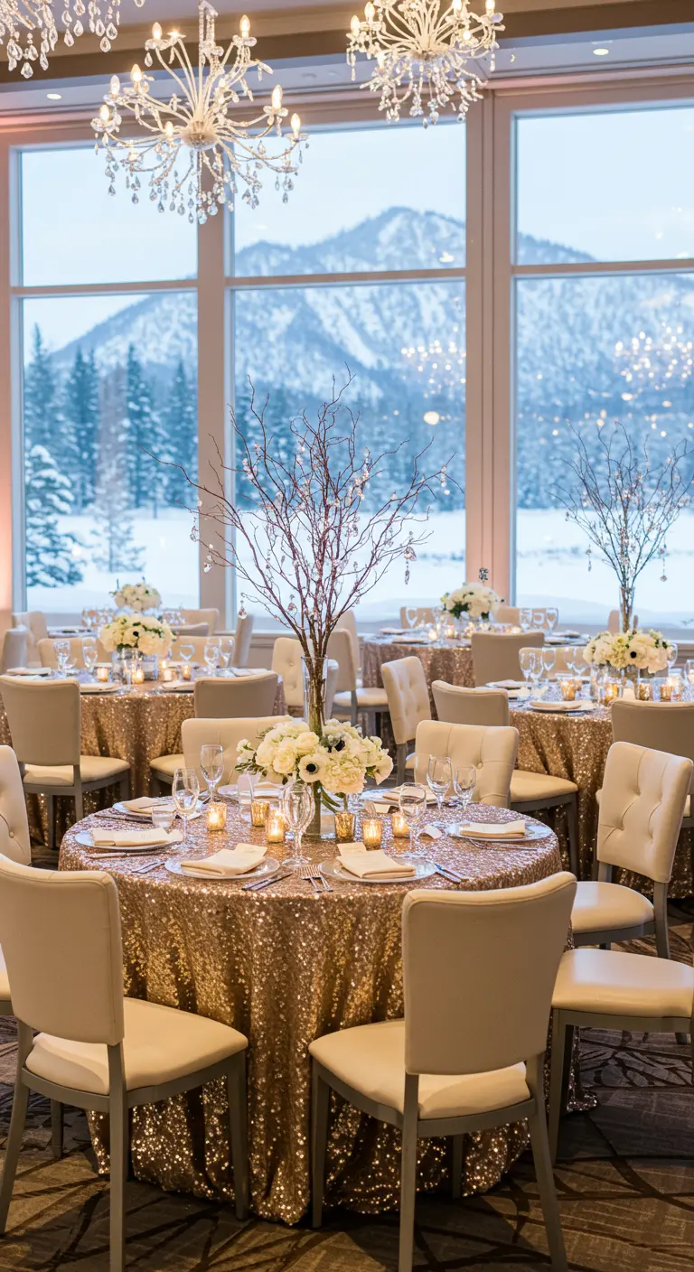 Salón de bodas con grandes ventanales a un paisaje nevado y mesas con manteles de lentejuelas doradas.