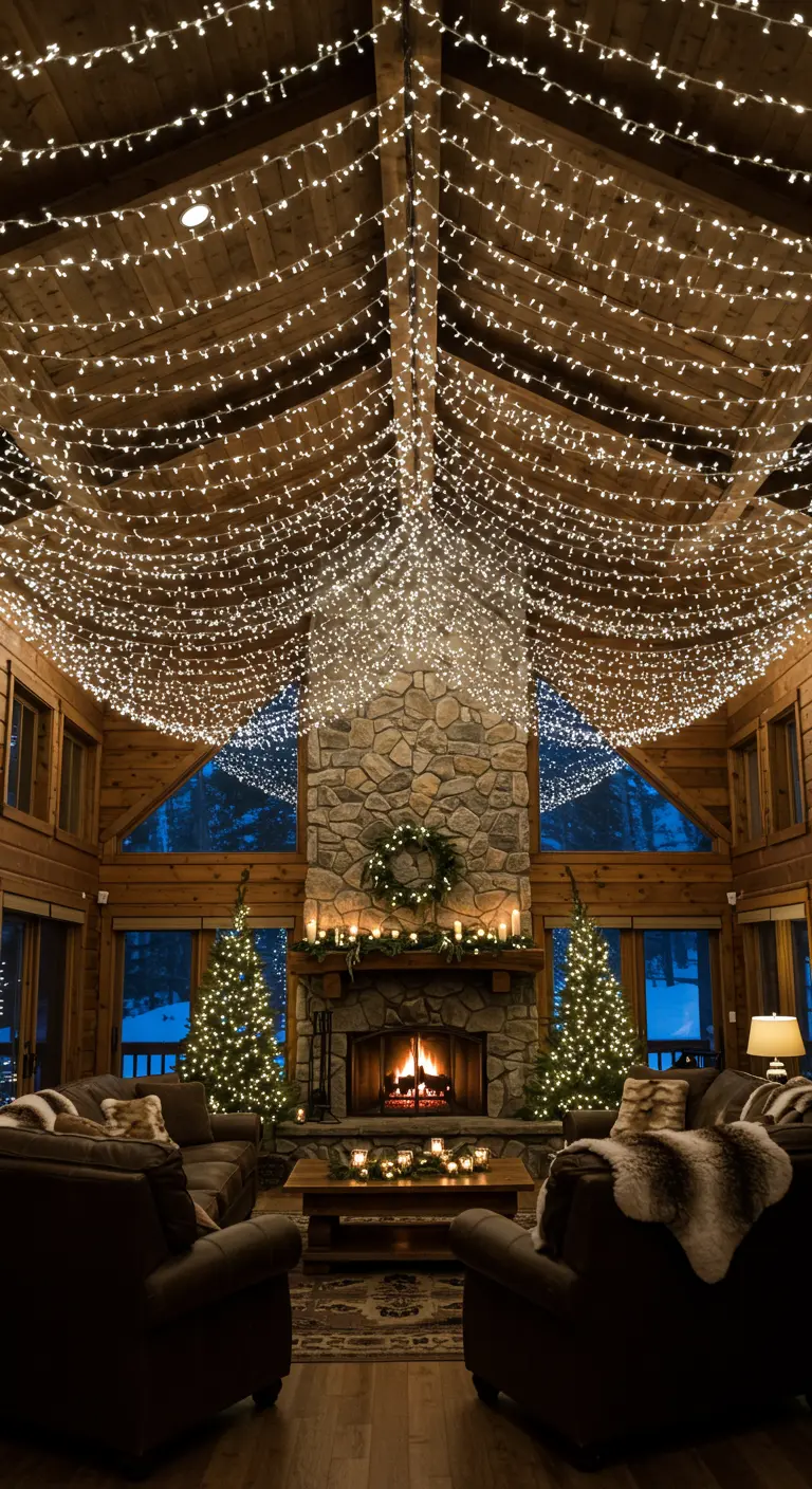 Acogedora sala de estar en una cabaña con un techo completamente cubierto de luces navideñas.