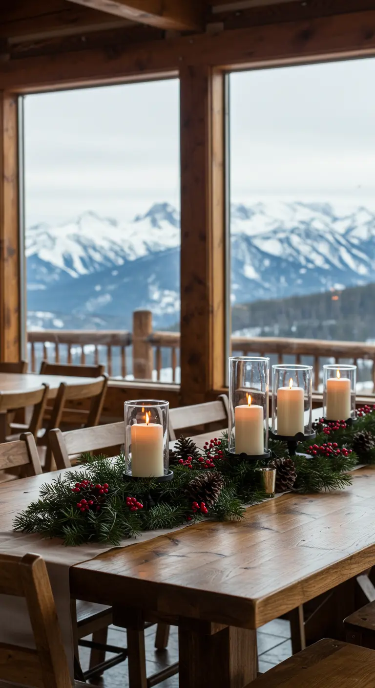 Mesa de boda de invierno con un camino de pino y velas, y montañas nevadas de fondo.