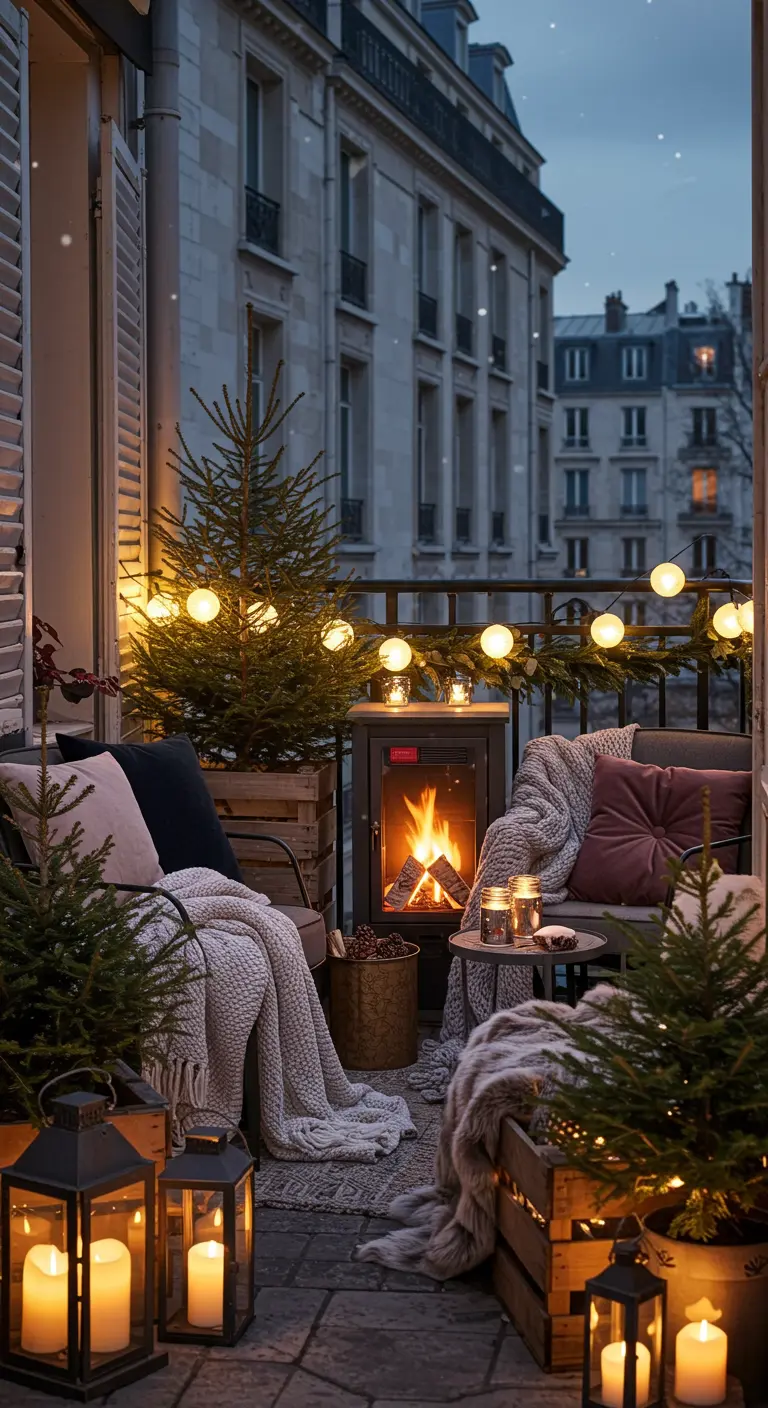 Balcón invernal decorado con pequeños árboles de Navidad, una chimenea portátil, mantas y farolillos.