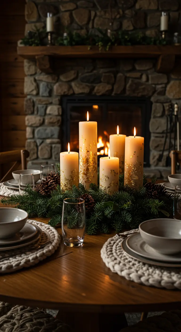 Mesa de madera junto a una chimenea con un centro de mesa de pino y velas decoradas con pan de oro.