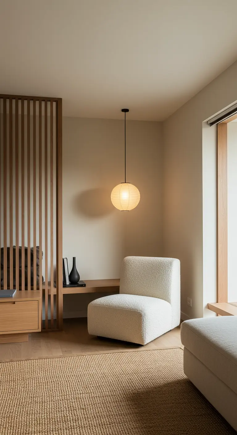 Rincón de lectura minimalista estilo Japandi con sillón bouclé blanco y lámpara de papel.
