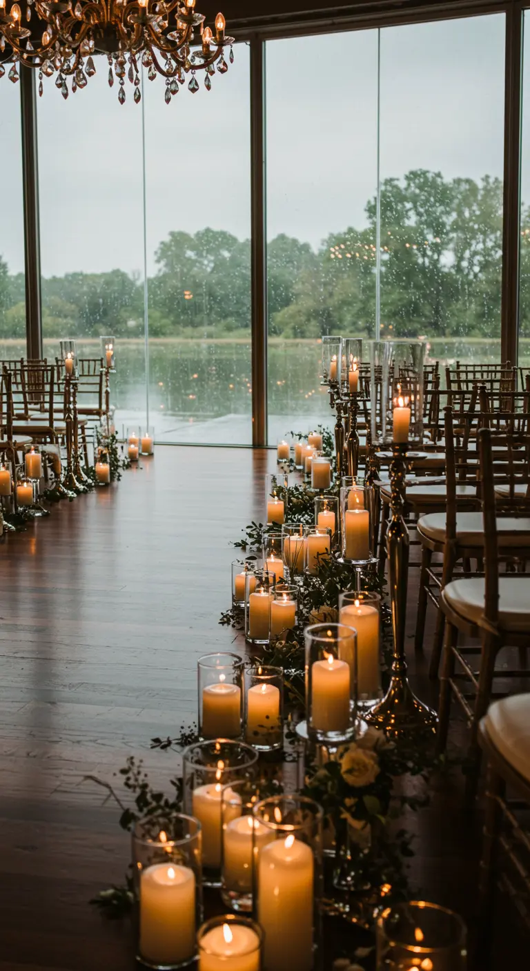 Pasillo de ceremonia interior iluminado por muchísimas velas en un día lluvioso visto por la ventana.