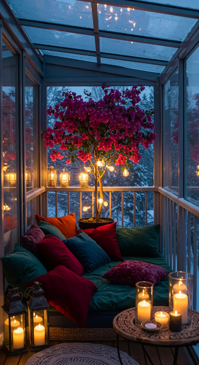 Balcón acristalado y acogedor con buganvilla iluminada, cojines de terciopelo y muchas velas.