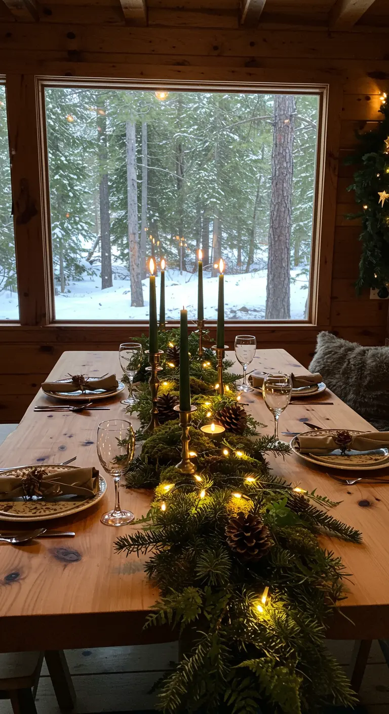 Mesa de comedor en una cabaña con un centro de mesa de musgo, pino, piñas y luces cálidas.