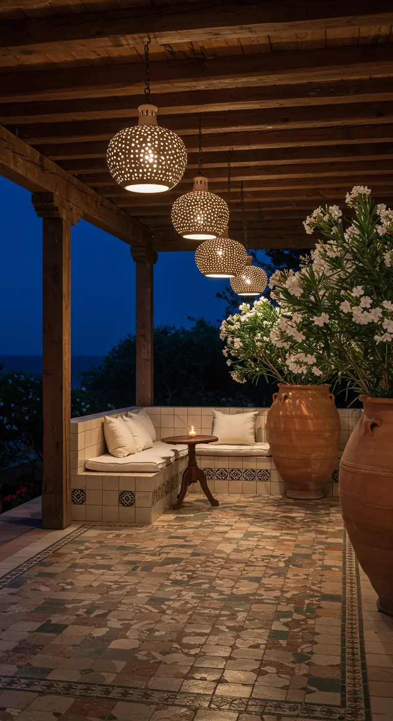 Porche de estilo mediterráneo con un banco de obra, lámparas de metal perforado y grandes macetas de terracota.