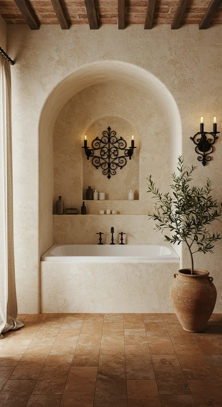 Baño de estilo mediterráneo con paredes texturizadas, un arco y apliques de hierro forjado.