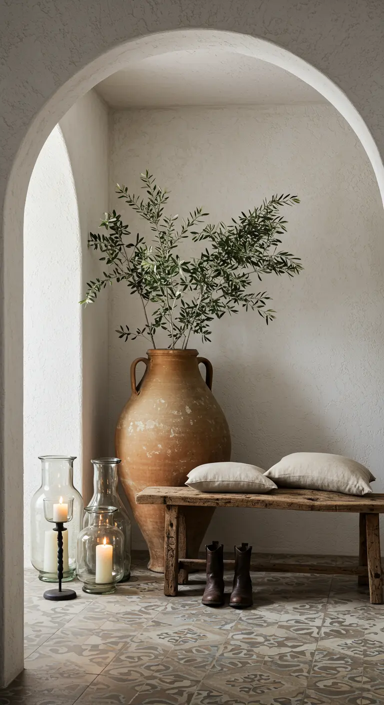 Entrada de estilo mediterráneo con arco, gran tinaja de terracota con olivo y banco de madera.