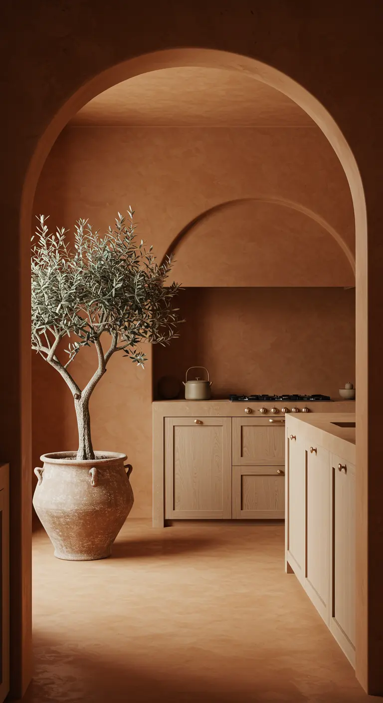Cocina de estilo mediterráneo con paredes terracota, arcos y un gran olivo en una maceta de barro.