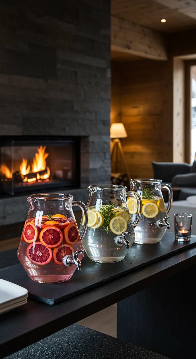 Jarras de cristal con aguas infusionadas con cítricos frente a una chimenea moderna.