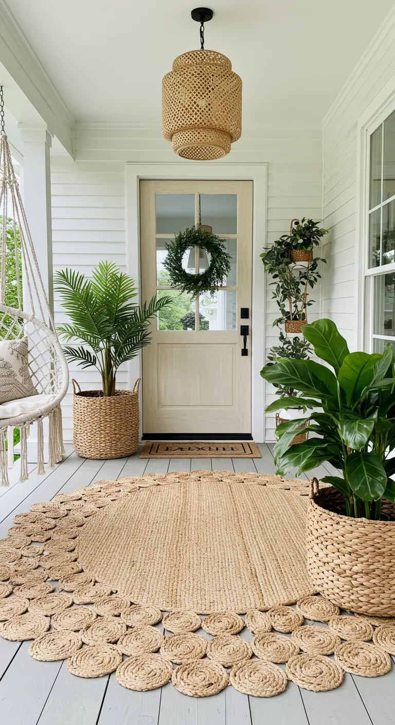 Porche de estilo natural con una gran alfombra de yute, sillón colgante de macramé y plantas en cestas.