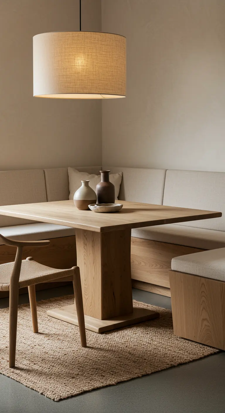 Comedor de estilo natural con banco de madera clara tapizado en lino y alfombra de yute.