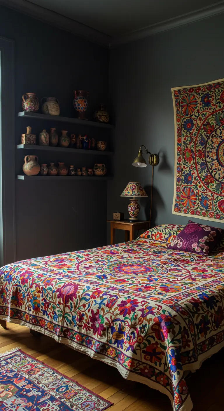 Dormitorio con paredes oscuras, colcha bordada de colores vivos y un tapiz en la pared.