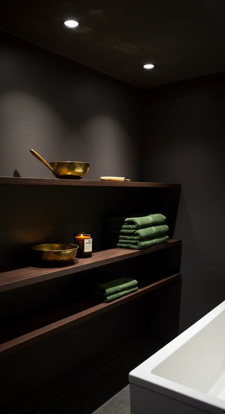 Baño muy oscuro con estanterías de madera, toallas verdes y cuencos dorados.