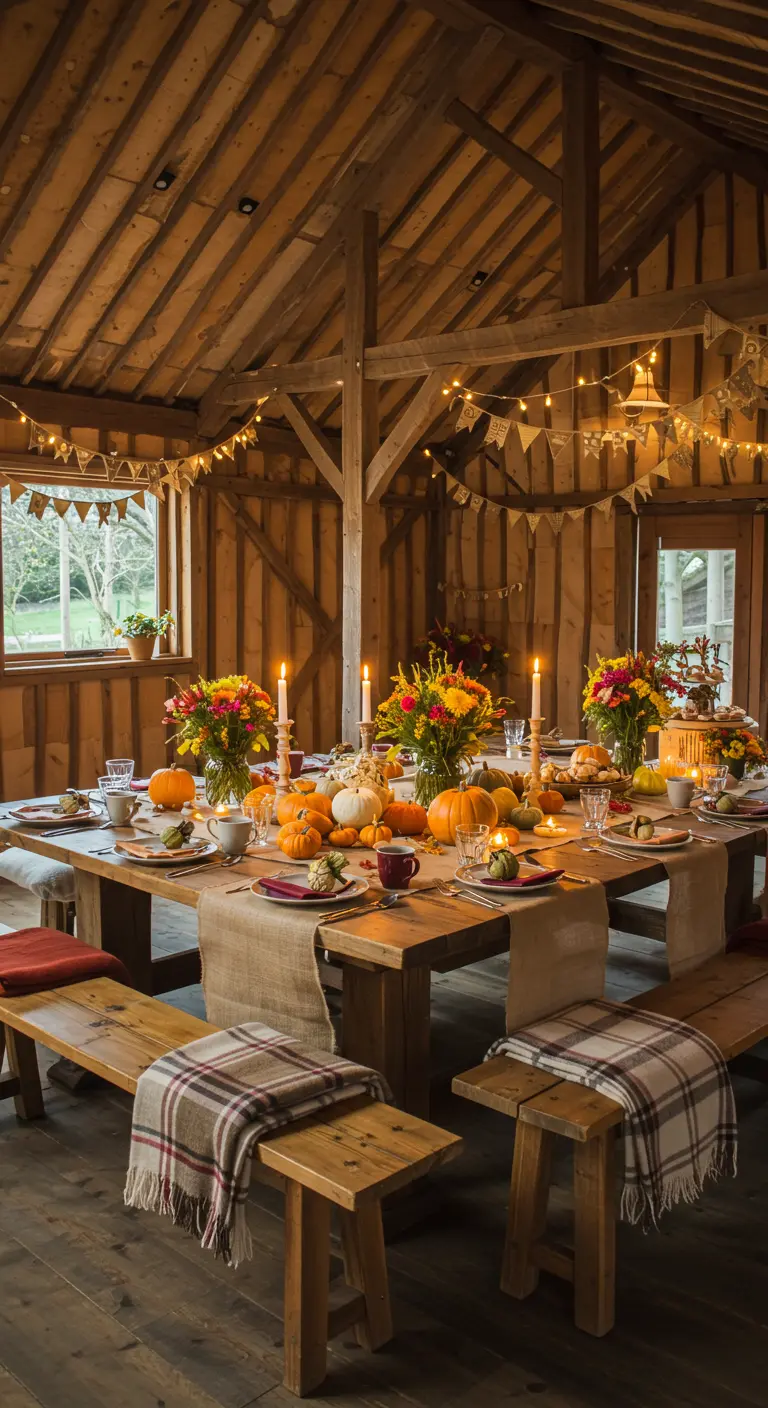 Mesa de comedor rústica en un granero de madera, decorada con calabazas, velas y luces colgantes.