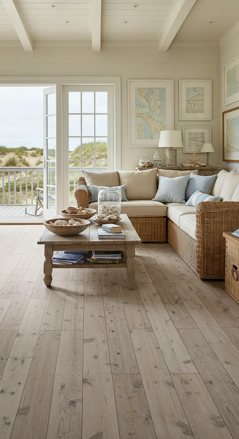 Sala de estar de casa de playa con sofá esquinero de mimbre y cojines en tonos neutros.