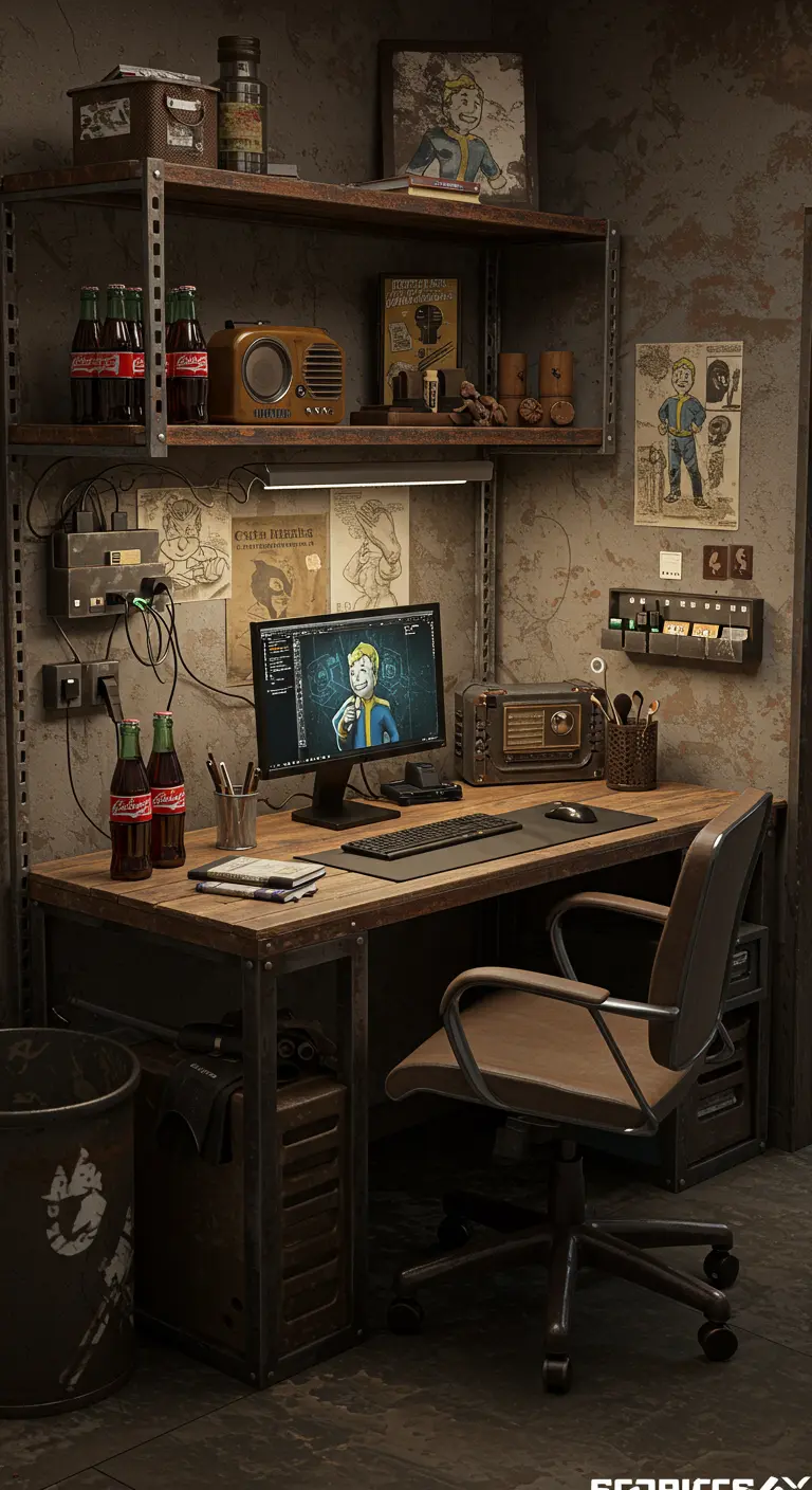 Rincón de trabajo con temática postapocalíptica, estantes metálicos y decoración vintage.
