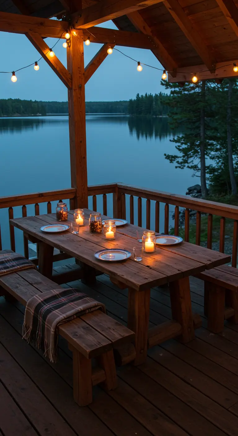 Porche de madera con mesa rústica, velas en frascos y vistas a un lago al atardecer.