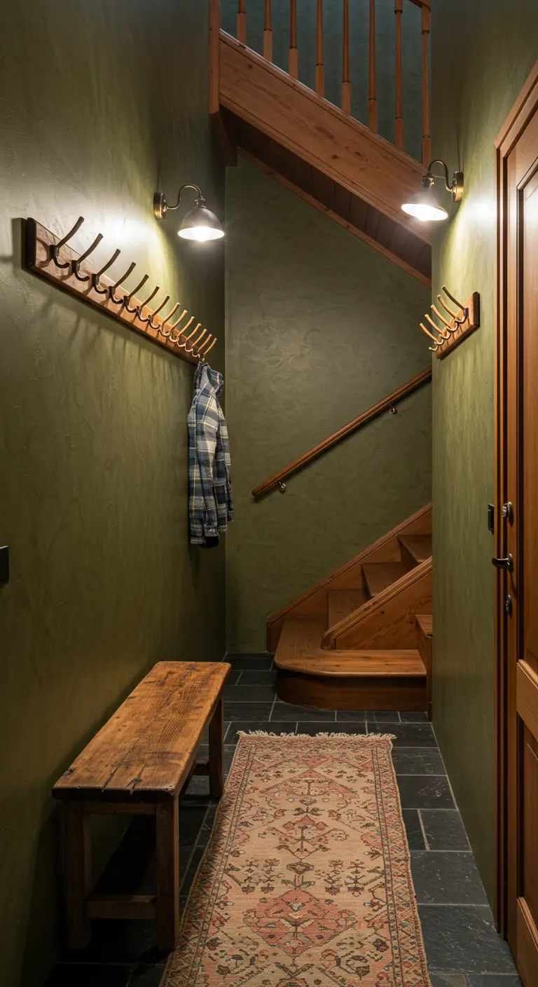Entrada oscura y rústica con paredes verdes, banco de madera y percheros bajo una escalera.