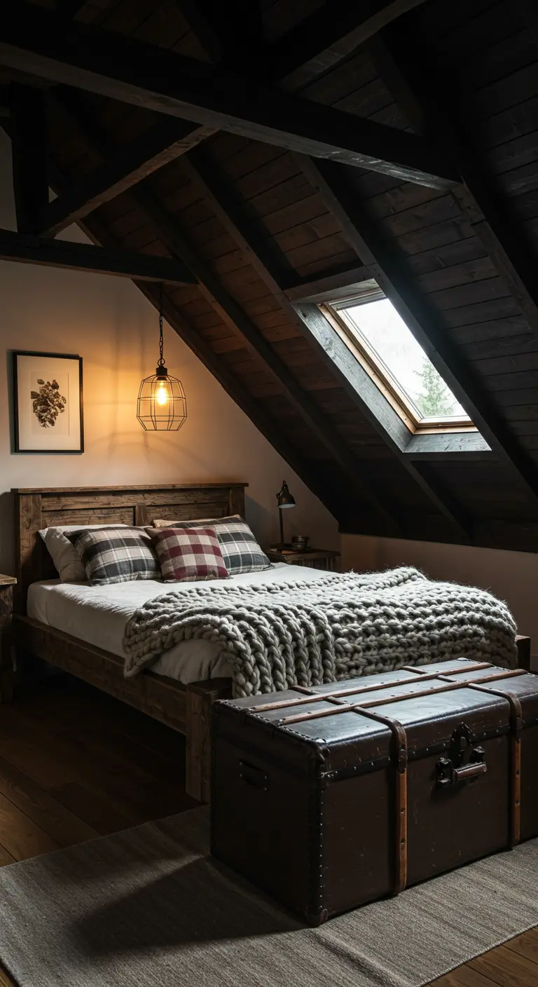Dormitorio abuhardillado con techo de madera oscura, cama rústica y un baúl vintage.