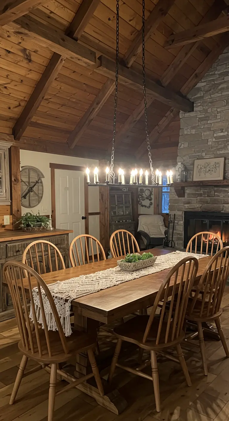 Comedor rústico en cabaña de madera con camino de macramé y candelabro de hierro forjado.