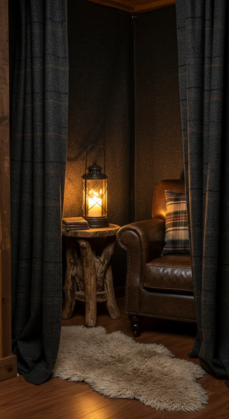 Rincón de lectura rústico con sillón de cuero, cortinas de cuadros y una lámpara tipo farol