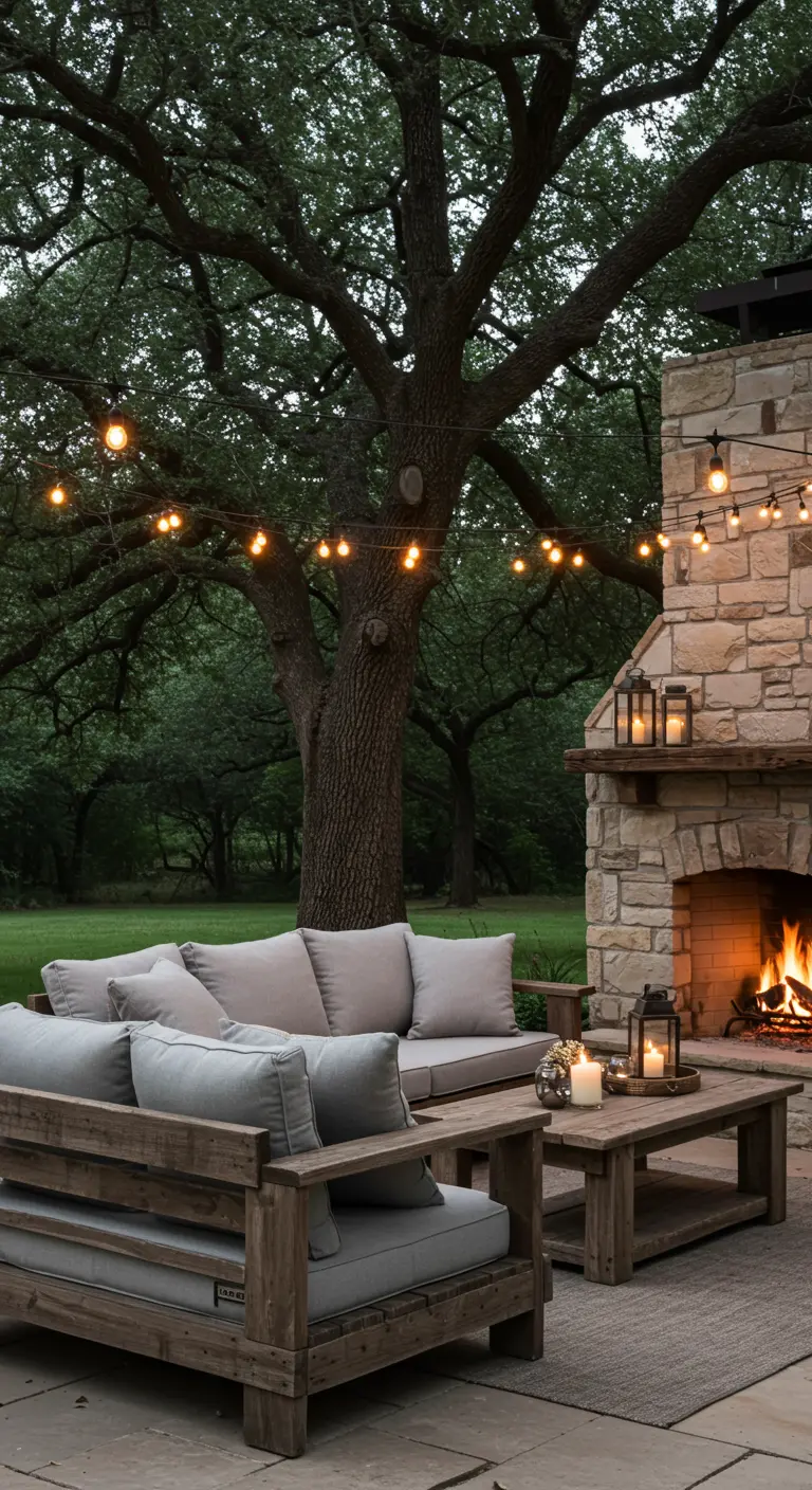 Patio rústico con chimenea exterior de piedra y sofás de madera robusta bajo un gran árbol