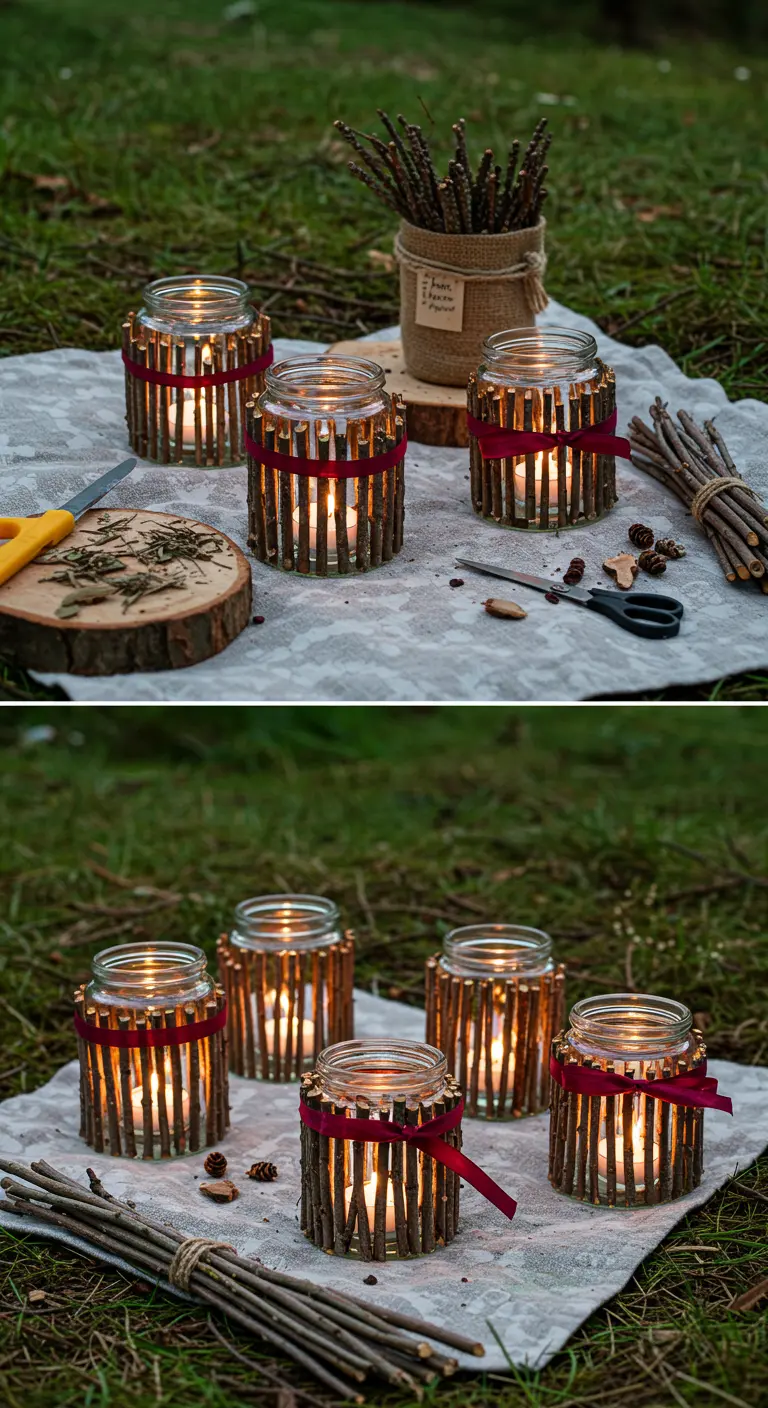 Portavelas hechos con frascos de vidrio rodeados de ramitas secas atadas con una cinta roja.