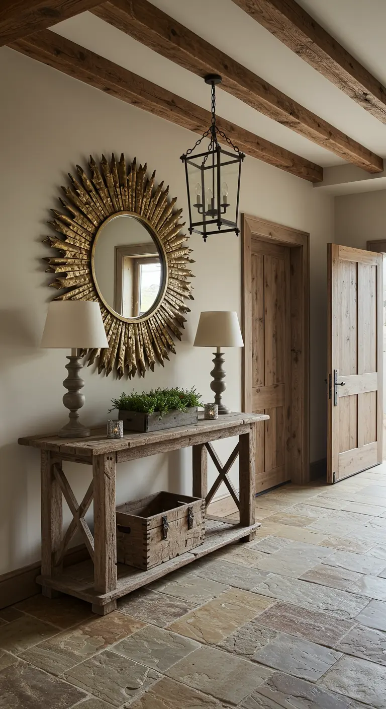 Entrada rústica con vigas de madera, consola grande y un espejo de sol dorado y ornamentado.