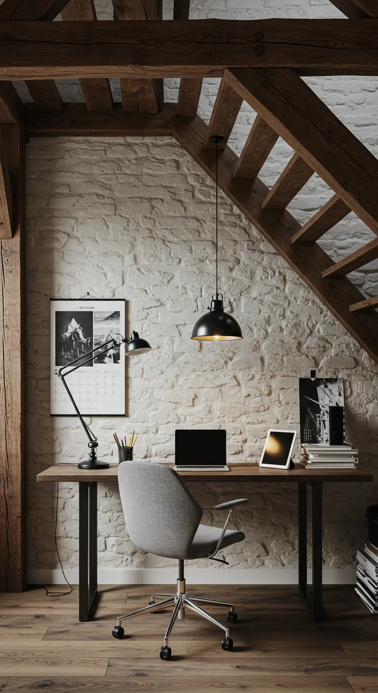 Espacio de trabajo bajo vigas de madera con pared de piedra, escritorio industrial y lámpara negra.