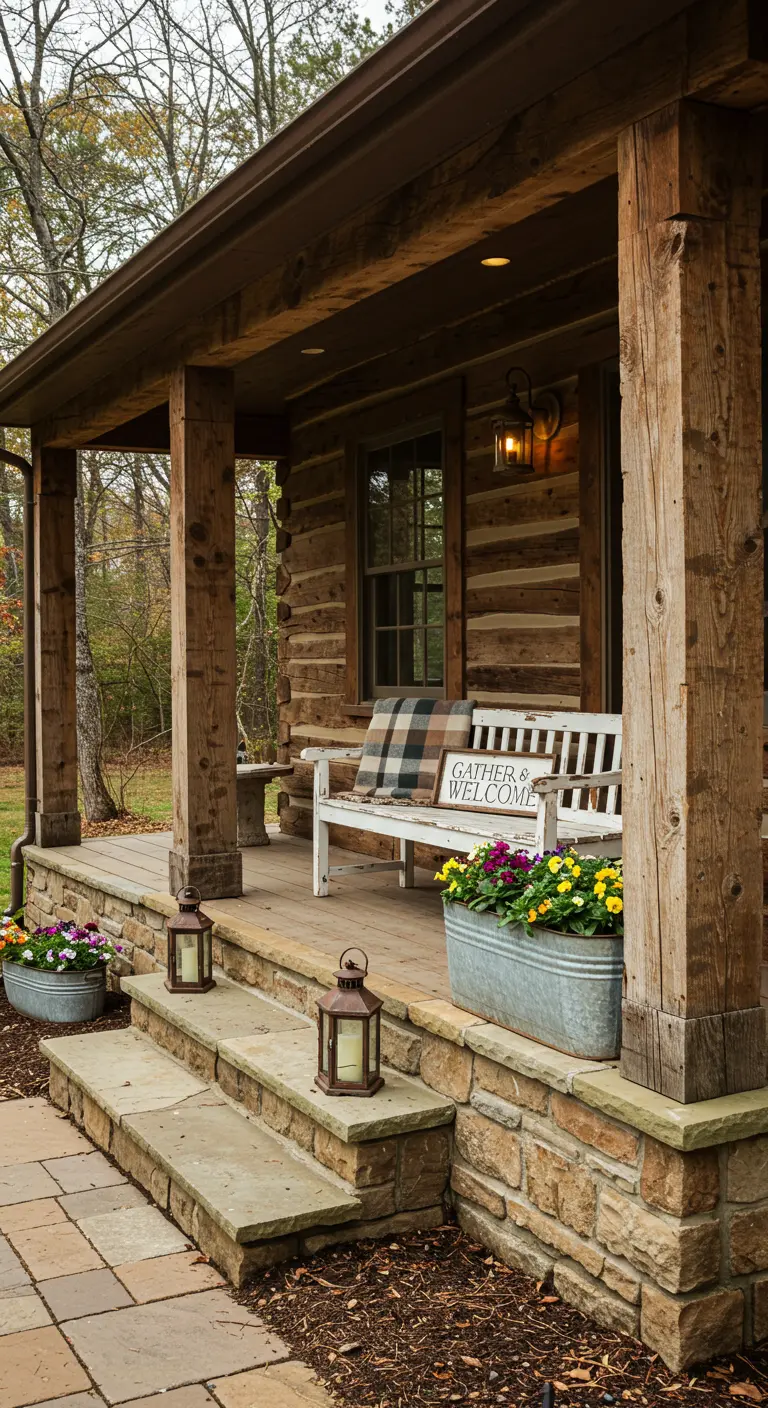 Porche de cabaña de madera con banco blanco, manta de cuadros y faroles vintage.
