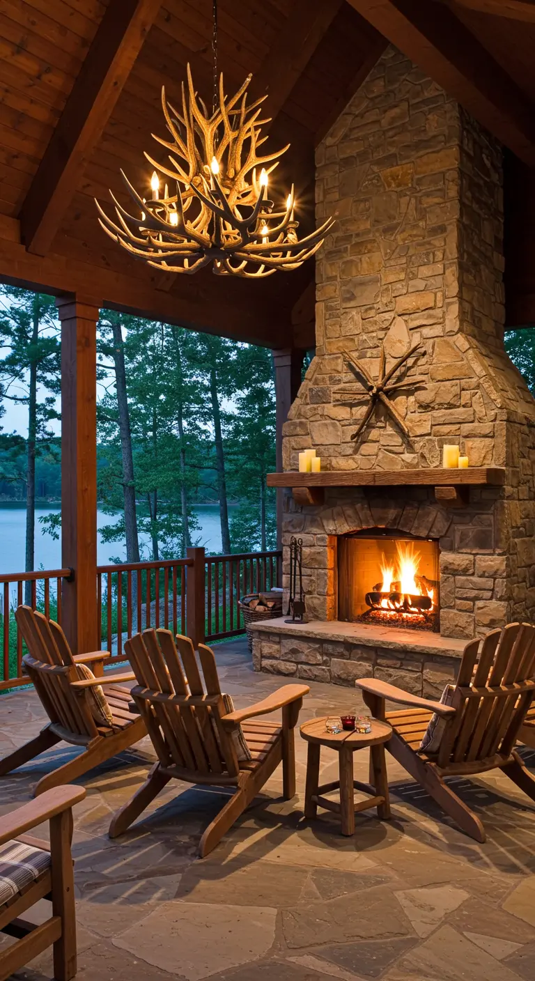 Porche rústico con chimenea de piedra, sillas de madera y una lámpara hecha de astas de ciervo.