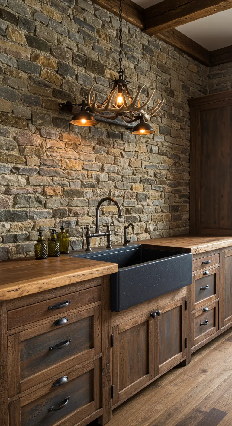 Cocina rústica con pared de piedra, muebles de madera y una lámpara hecha con astas.