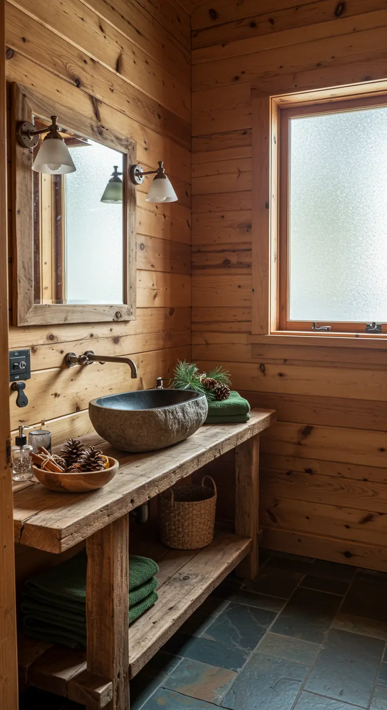 Baño rústico de madera con un lavabo de piedra y un cuenco con piñas y ramas de pino.