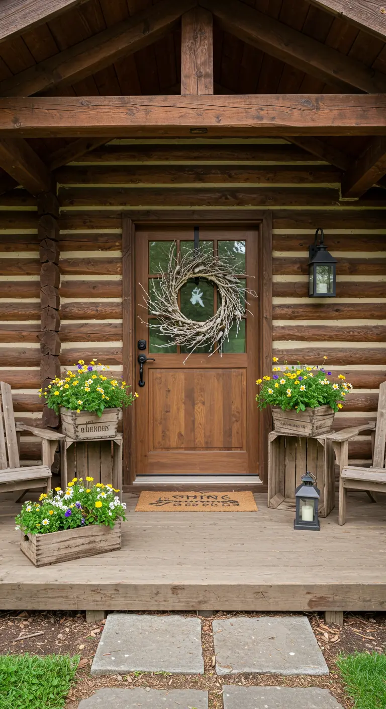 Porche de una cabaña de madera con corona de ramas y flores silvestres en cajas de madera
